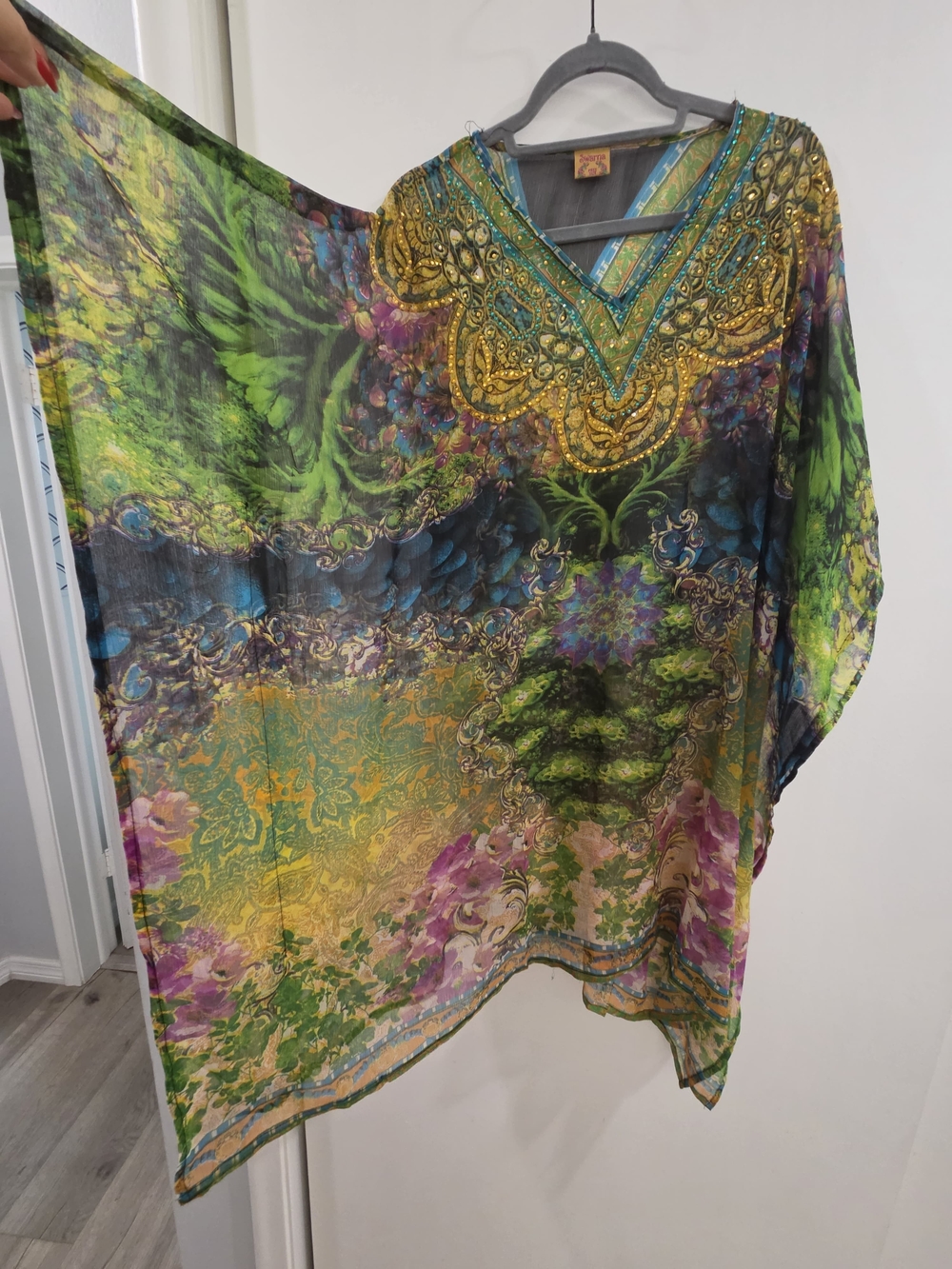 Embellished Green Multicolor Sheer Swim Coverup